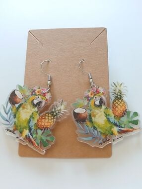 Fashion Jewelry Tropical Parrot Pineapple Earrings - Yellow Green Brown